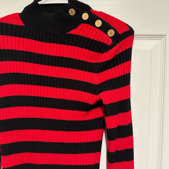 Express Striped Mock Neck Padded Shoulder Novelty Button Sweater. Size S - Picture 4 of 7